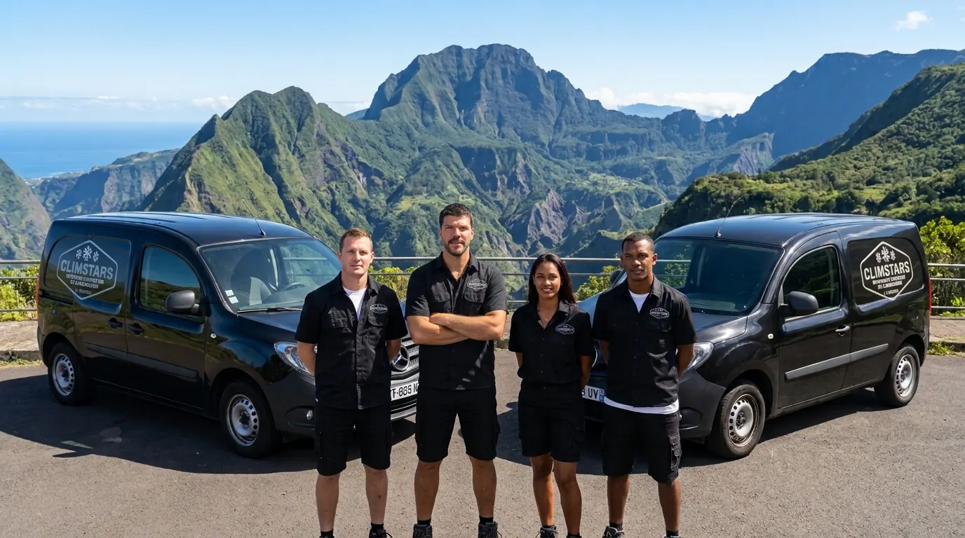 L’équipe ClimStars devant ses véhicules, avec les montagnes de La Réunion en arrière-plan